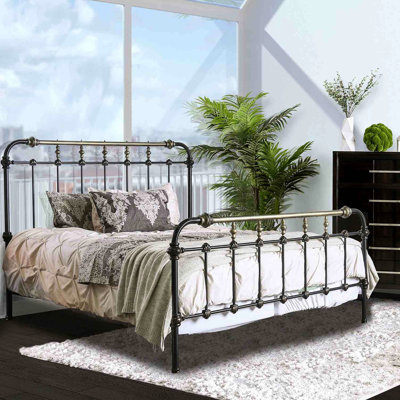 Cadre de lit simple noir antique avec accents dorés brossés à la main, 7 barreaux, revêtement en poudre, structure entièrement métallique noire, style transitionnel pour chambre à coucher
