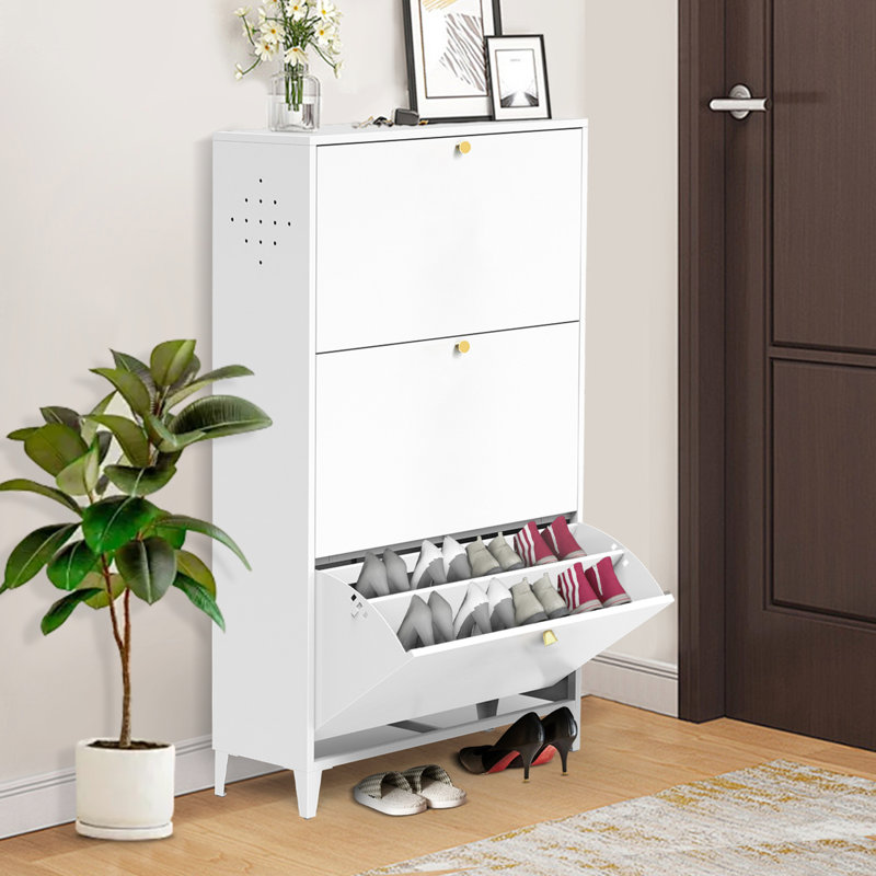 Étagère à chaussures blanche à 3 tiroirs, entièrement en acier, à l'épreuve du couloir - armoire en acier, chambre à coucher, entrée