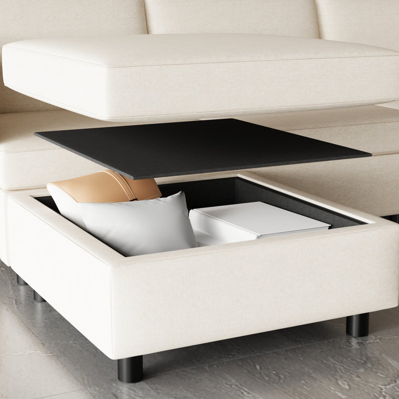 Canapé-lit convertible avec rangement, chenille beige, 6, 93,68 po x 67,8 po x 31,89 po, capacité de poids de 250 lb par siège, fonction et style de rangement modulaire modulaire, lb / siège