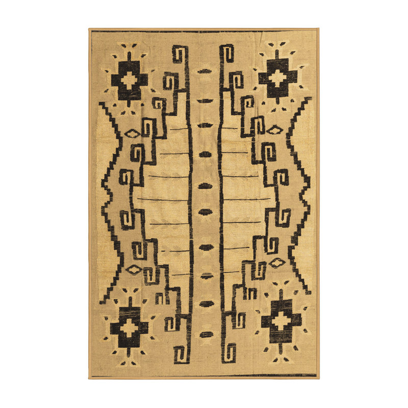 Tapis noir / beige en laine et polyester tissé à la machine Southwestern, Rectangle 5 pi x 7 pi