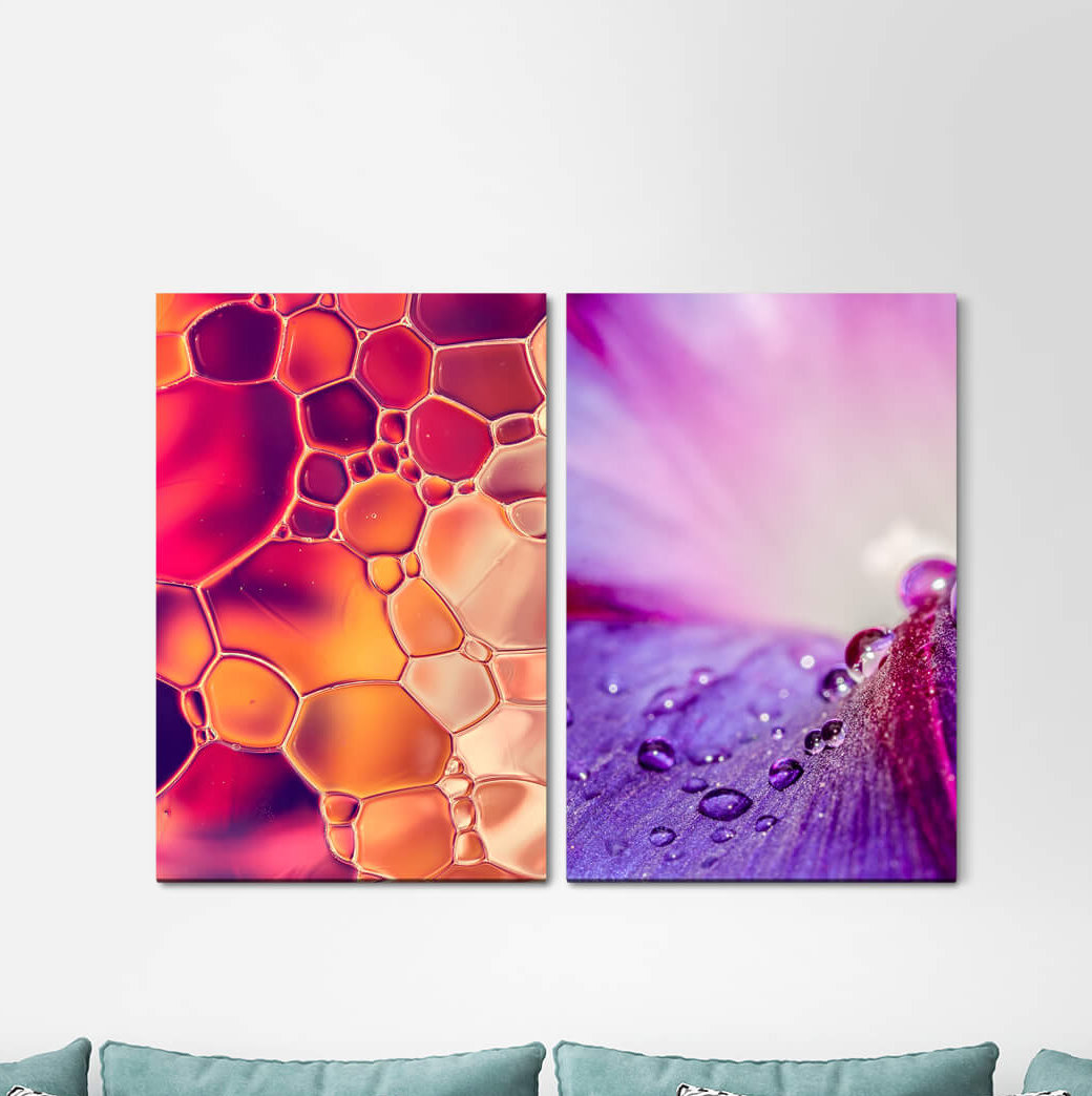 2-tlg. Leinwandbilder-Set - Grafikdruck „Water Bubbles Water Drops Flowers Evening Red”