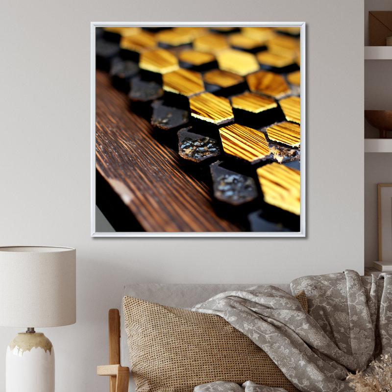Motif hexagonal en bois rétro sur toile, Cadre flottant blanc, H 16 po x l 16 po x P 1 po