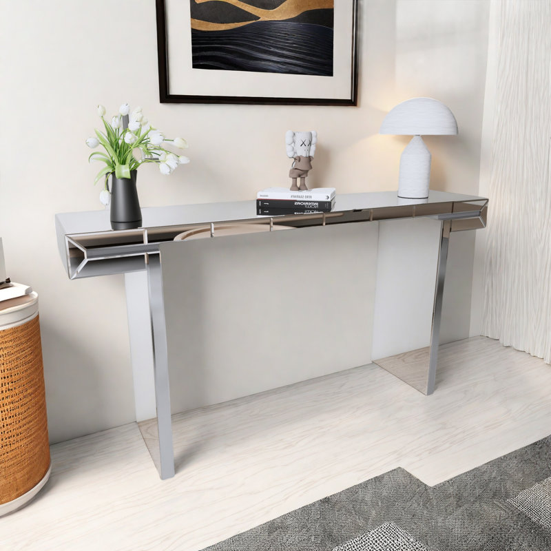 Luxury Full-length Mirror Console Table With Fluted Tempered Glass And Rounded Edge