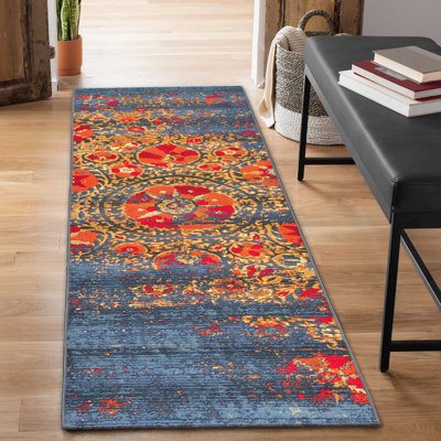 Tapis oriental bleu tissé à plat Kowalczyk