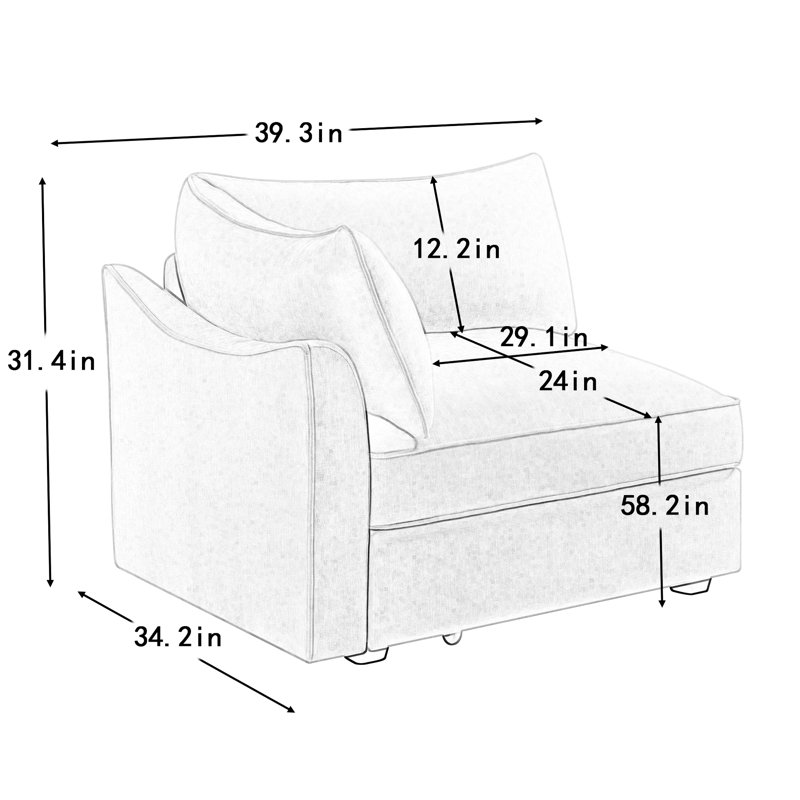 Velours de chenille blé 1, conception structurelle unique, coussins d'accoudoir, rangement pour siège, idéal pour les maisons contemporaines, structure en forme de croissant, bords passepoilés et coussins, repose-pieds décoratif