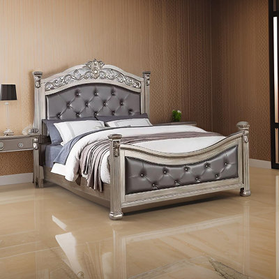 Formal Traditional Antique Silver 1pc King Size Bed Tufted Faux Leather Headboard Footboard Bedframe