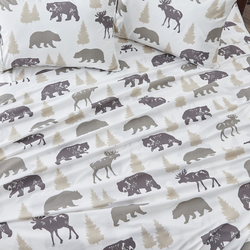 King Size Gray Lodge Bear Print Microfiber Sheet Set