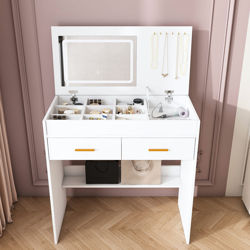 Bureau de coiffeuse rabattable, miroir lumineux à DEL, prise encastrée, 2 tiroirs, organisateur de bijoux ouvert, crochets, blanc, peu encombrant, luminosité réglable, rangement intelligent, tabouret, convenant à un appartement