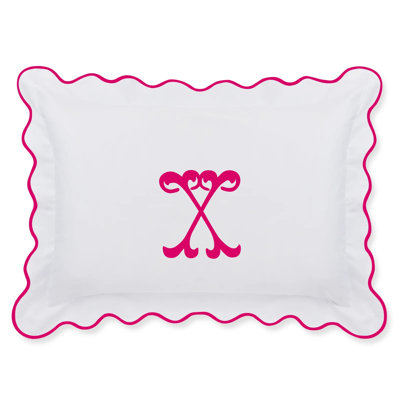 White 100% Sateen Scallop Pillow Sham Applique Monogram In Hot Pink - X