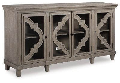Transitional Quatrefoil 76" Gray 4-Door Accent Cabinet