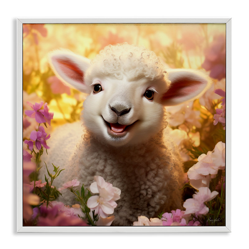 White Framed Lamb in Flower Meadow Canvas Print, 12" x 12"