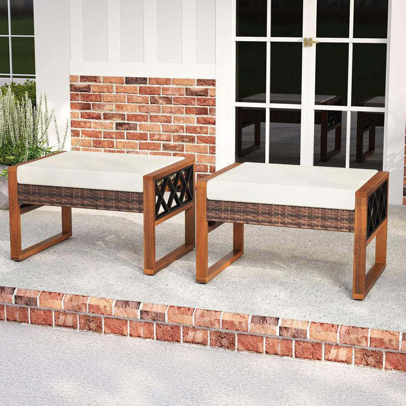 2 PCS PE Rattan Wicker Ottomans Outdoor Patio Footstools Multipurpose Furniture