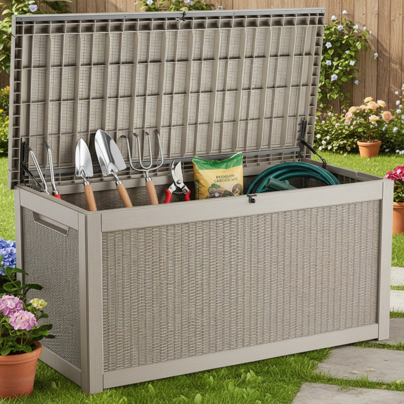 260 Gallon Outdoor Storage Box – Weather-Resistant Rattan-Style Resin Deck Box, Light Brown