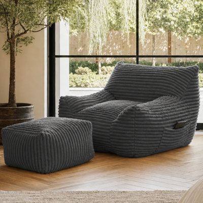 Pouf poire surdimensionné pour adulte en velours côtelé avec repose-pieds assorti, fauteuil lounge rempli de mousse déchiquetée haute résilience, design ergonomique avec accoudoirs pour salon, chambre et dortoir