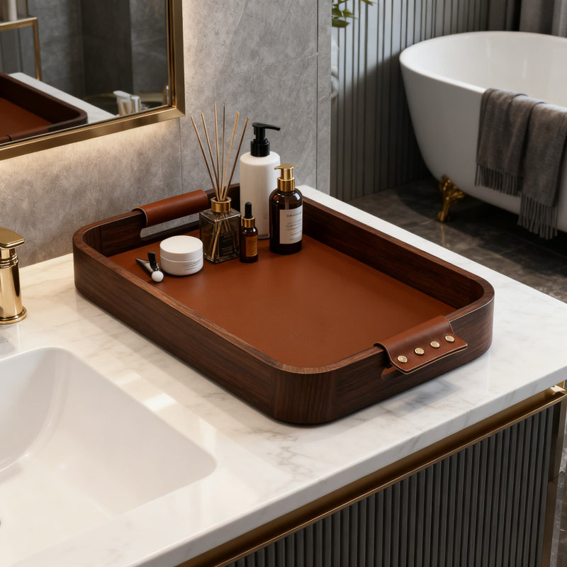 Elegant Rounded Corner Tray With Walnut Wood And Leather Accent For Jewelry, Cosmetics, Remote Control And Home Decor Organization