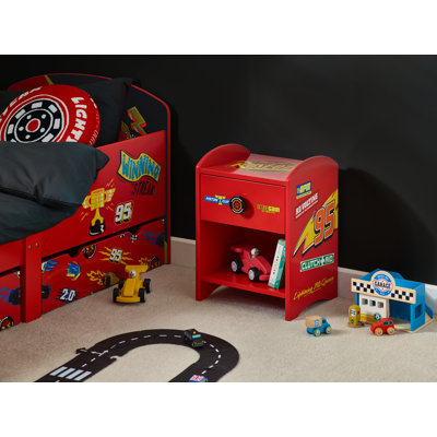 Disney Cars Lightning McQueen Bedside Table: Sturdy Engineered Wood Construction featuring a 2-tier Design for Ample Storage, Small Side Table with Drawer and Storage Shelf for Kid's Bedroom