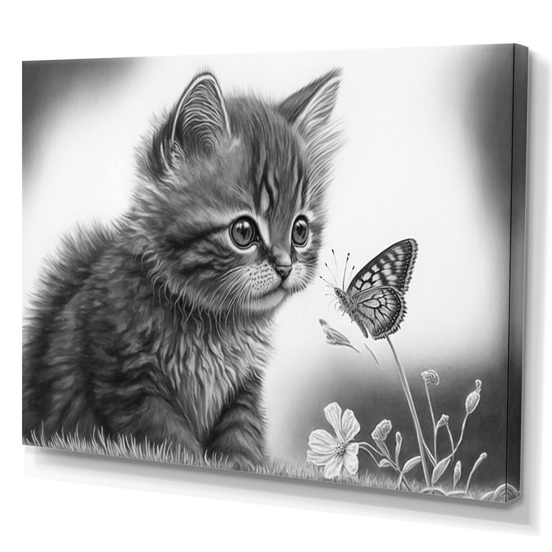 Art numérique sur toile, "Petit chaton avec papillon IV", L 20 po x H 12 po, Toile tendue