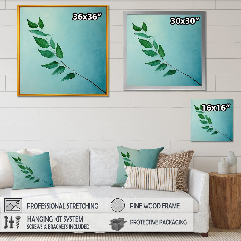 «Teal Tranquility Leaf Impression», reproduction sur toile, Cadre simple blanc, H 16 po x l 16 po x P 1 po