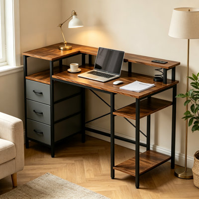 L‑Shaped Computer Desk with 3 Fabric Drawers & Power Outlet, Industrial Home Office Writing Desk with Monitor Stand & Open Storage Shelves