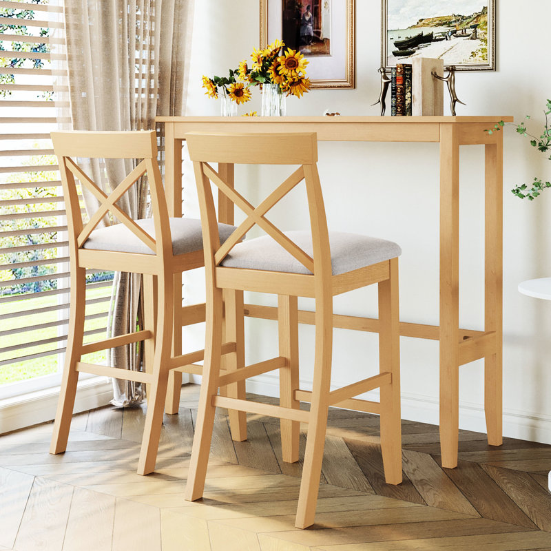 Ensemble repas avec 2 chaises de bar et table rectangulaire de 122 cm, idéal pour les petits espaces, couleur naturel et beige, structure robuste, repose-pieds pour un confort optimal