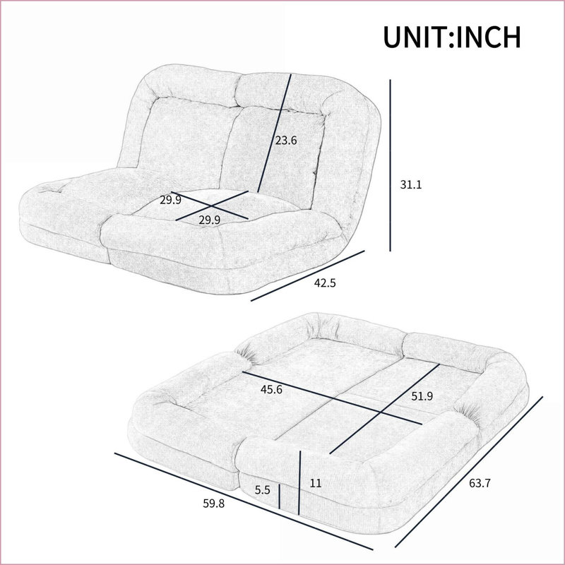 Canapé-lit convertible double escamotable - 18 positions réglables | Rose | Profondeur du siège 63,78, Tissu rose