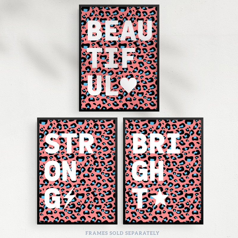 Leopard Pattern Beautiful Strong Bright Typography - 3 Piece No Frame Print Set, Multicoloured Blue