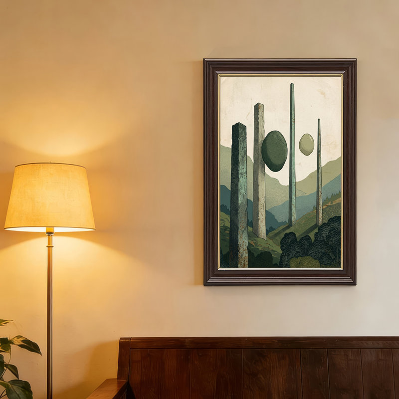 Illustration rétro sur toile de monolithe et de pierres flottantes, H 18 po x l 12 po