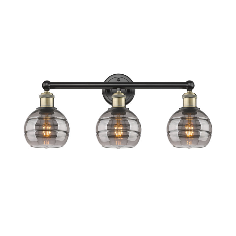 Éclairage pour meuble-lavabo 3 lumières Natick, Gris fumée clair, Laiton antique noir