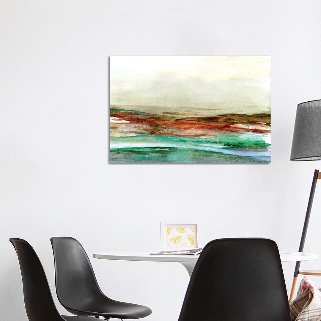 Teal Red Landscape Watercolor von Jae Landow - Galerie-verpackte Leinwand Giclée auf Leinwand