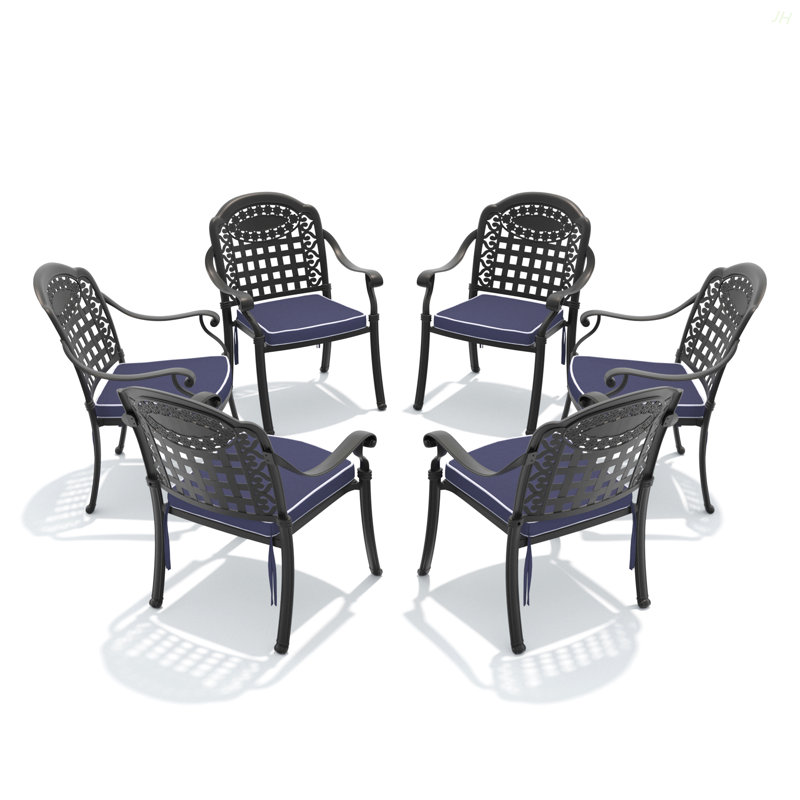 Cast Aluminum Patio Dining Chair 6PCS With Black Frame And Blue Cushions