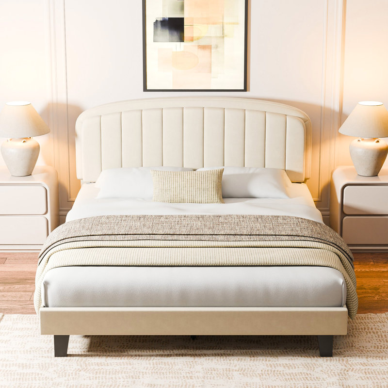 Bed Frame Upholstered Velvet Platform Bed With Adjustable Headboard, Cream, Queen