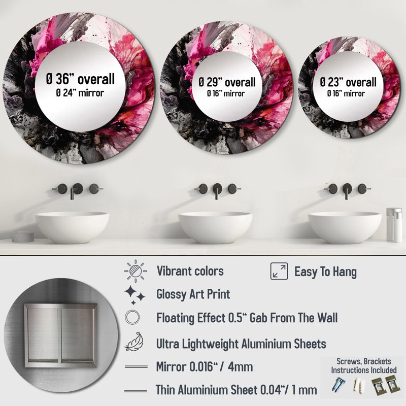 Omiyah Black Gold Marble Splash V - Marble Unique Mirror, Black Large Round Wall Mirror, Printed Metal Art, 29" x 29"