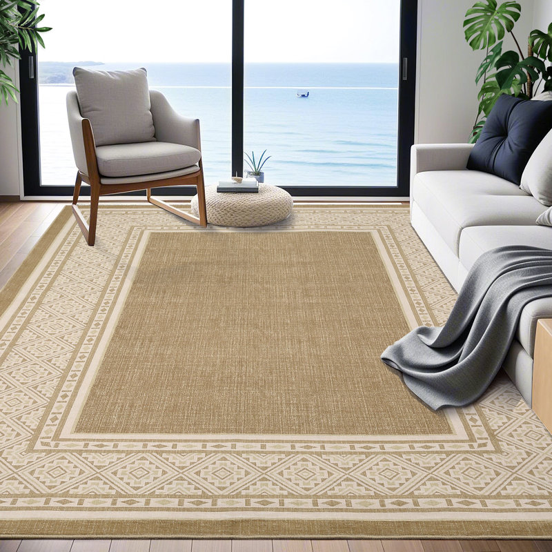 Modern Neutral Bordered Area Rugs, Flaxen 10'X13' Soft Washable Non Slip Solid Geometric Large Throw Carpet for Living Room Bedroom Dining Nursery Apartment Dorm Office Farmhouse Home Decor