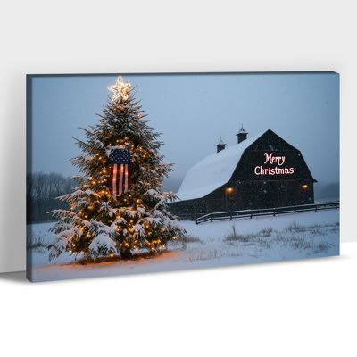 Abiagael – Winter Scene Farmhouse Barn, Snowy Christmas Tree Picture Prints, Holiday Canvas Art Poster Painting for Home Decor, Ready to Hang, 12×16 Inches
