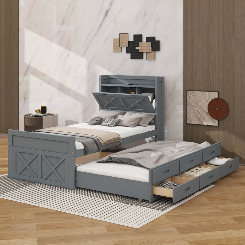 Lit en bois avec tête de lit avec prises électriques, Gris, Lit simple