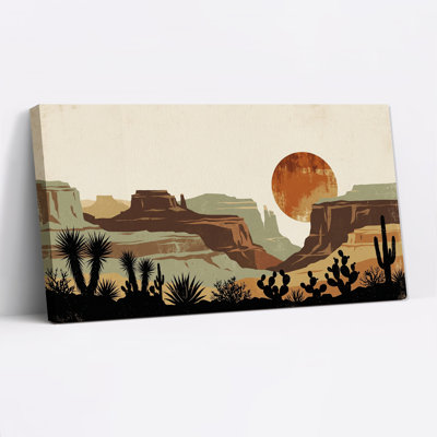 Silhouettes de mesas désertiques et de cactus avec soleil orange - Tableau mural sur toile