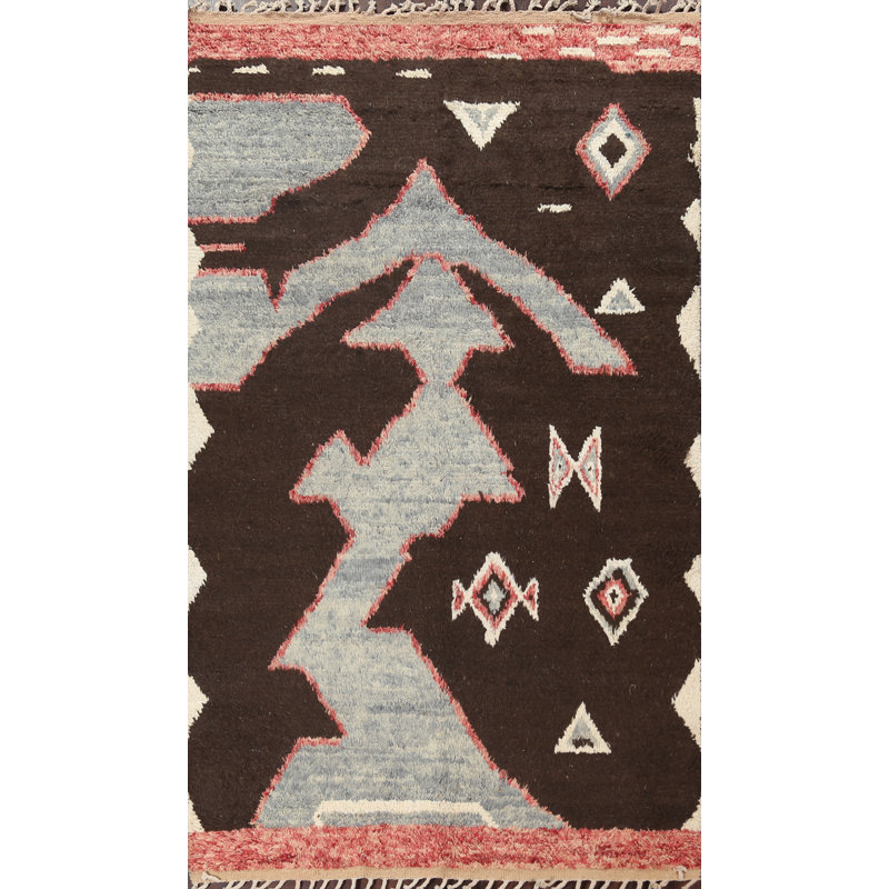 Tapis brun en laine noué à la main de conception unique 5 pi 8 po x 10 pi 1 po