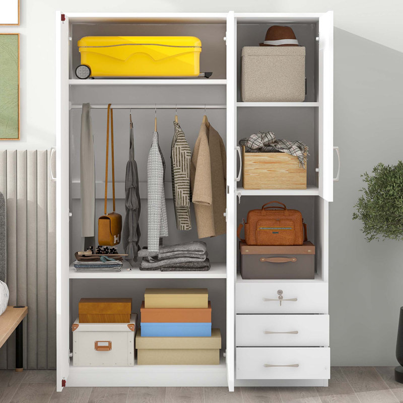 Armoire de rangement en bois à 2 portes pour la chambre à coucher, avec tablettes et 3 tiroirs, Blanc