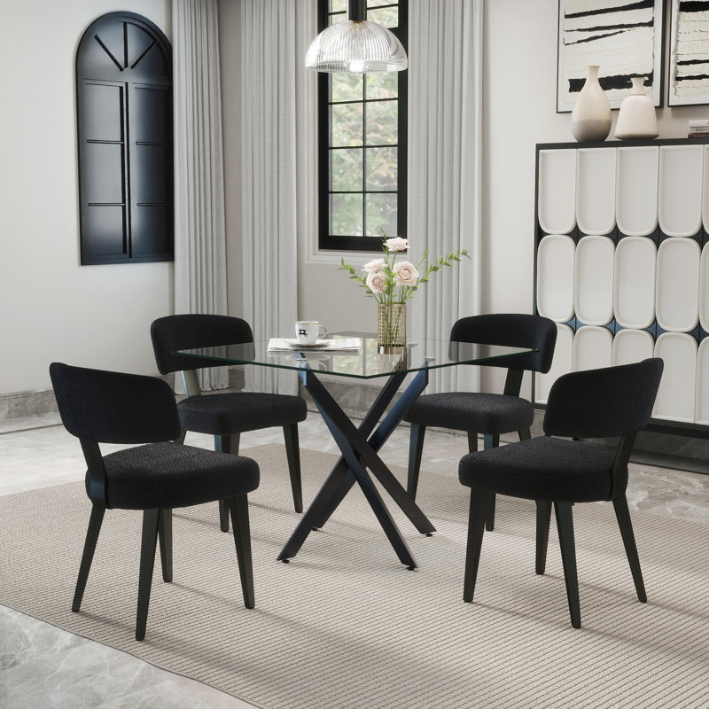 3/5-Piece Dining Set, Glass Table & 2/4 Velvet Chairs, Chrome Table Legs, Modern For Small Space, Kitchen, Dining, 5, Black