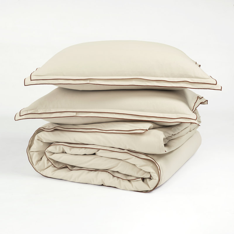 Hampton Double Flange Embroidered Contrast Edge Duvet Cover 3 Pieces Set, Queen Duvet Cover + 2 Standard Shams, Beige