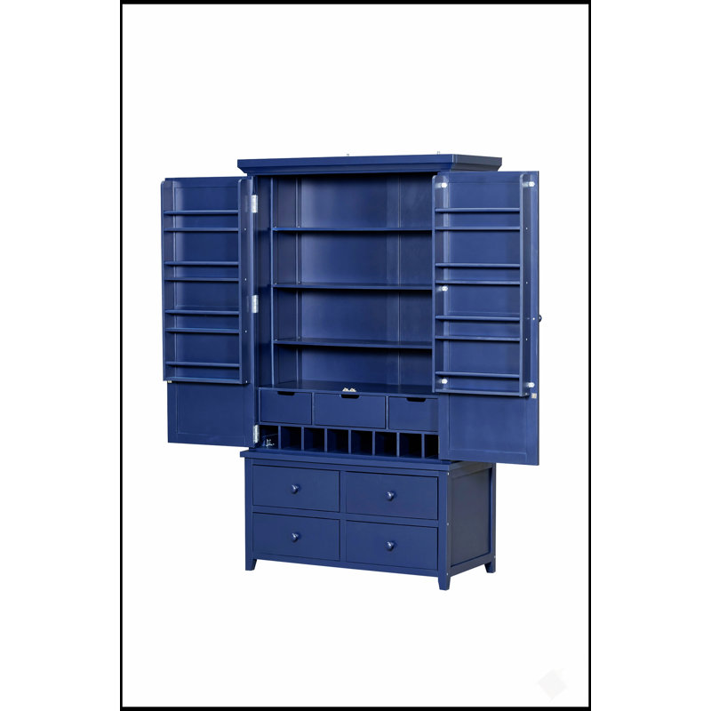 Grand garde-manger autoportant avec 8 tablettes de porte, 3 tablettes réglables, 7 tiroirs et 8 supports à vin, fabrication en bois de pin durable
