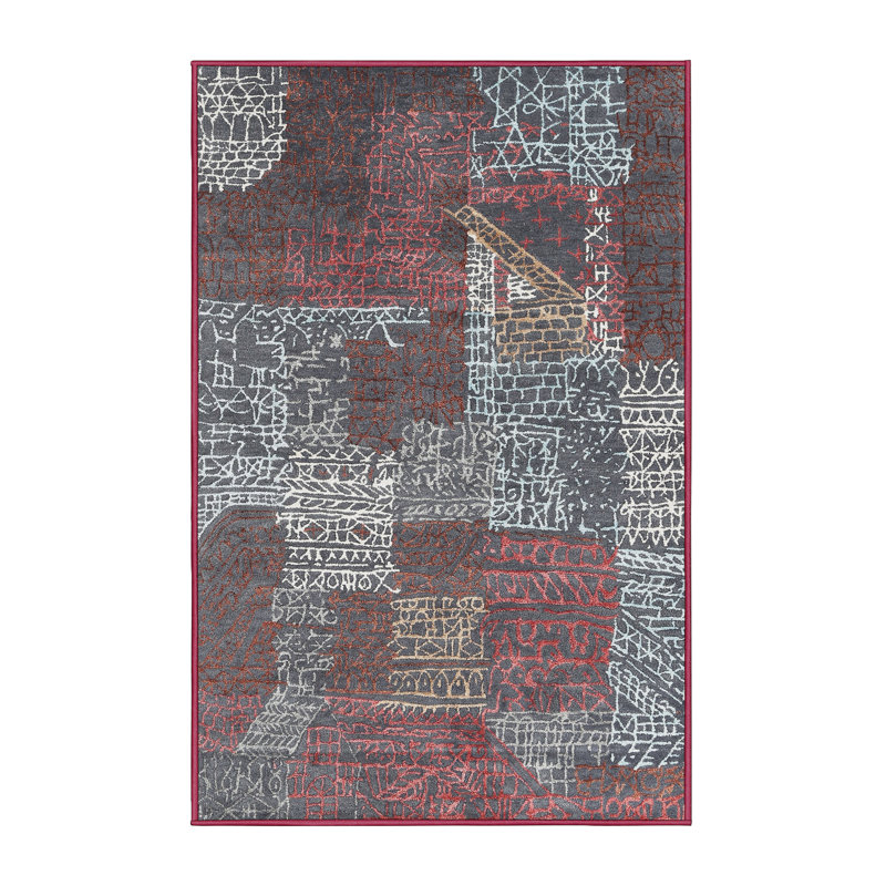 Tapis de zone rouge/gris contemporaine, Rectangle 5 pi x 7 pi
