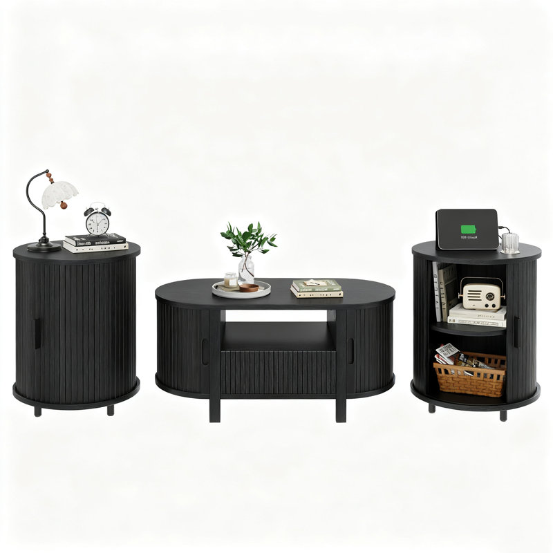 3-Piece Living Room Table Set With Coffee Table And 2 Fluted End Tables, Black