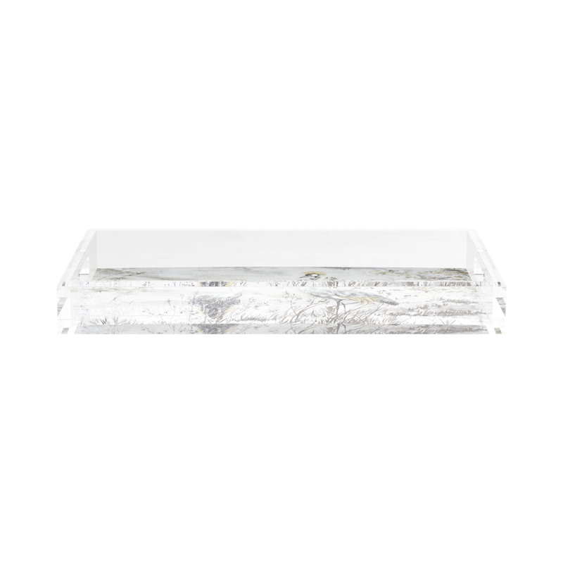 Crested Crane Silver Gold Acrylic Rectangle Decorative Tray, 17"W x 10.5"D x 2"H