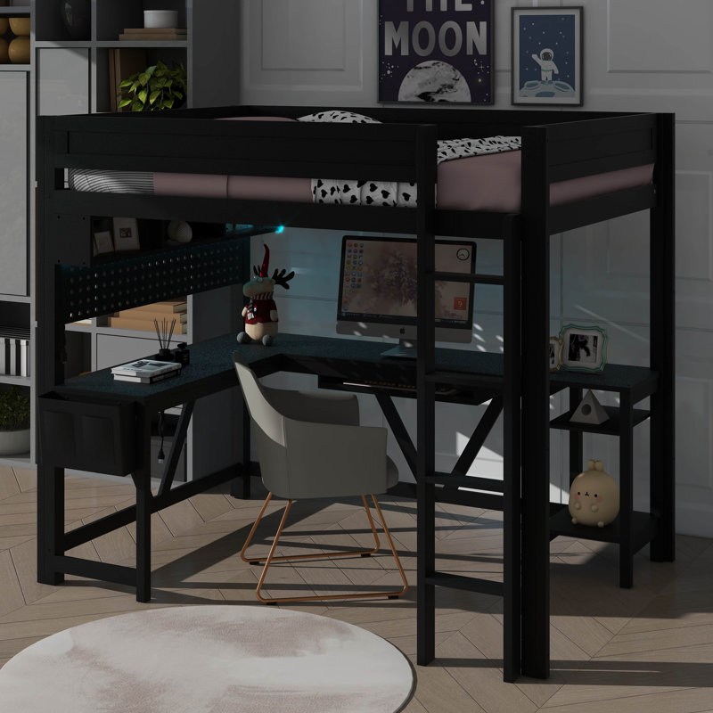 Lit mezzanine double en bois pour jouer, avec bureau intégré, rangement, Noir, noir, noir, noir