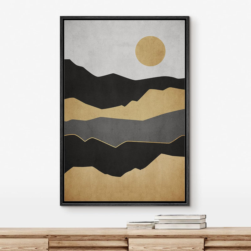 Soleil, chaîne de montagnes, nature, paysage, illustrations, moderne, paysage, rustique, H 24 po x l 16 po, Noir