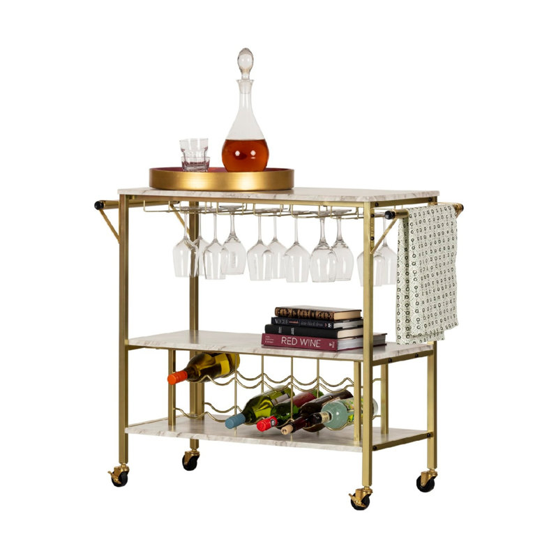 Bar Cart With Wine Glass Rack, Faux Marble, For Kitchen, Dining Room - Thumbnail 4