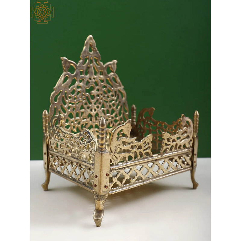 9" Brass Deity Throne (Singhasan) - Handcrafted Indian Sacred Altar Pedestal for Home Temple, Puja Rituals & Spiritual Worship Decor