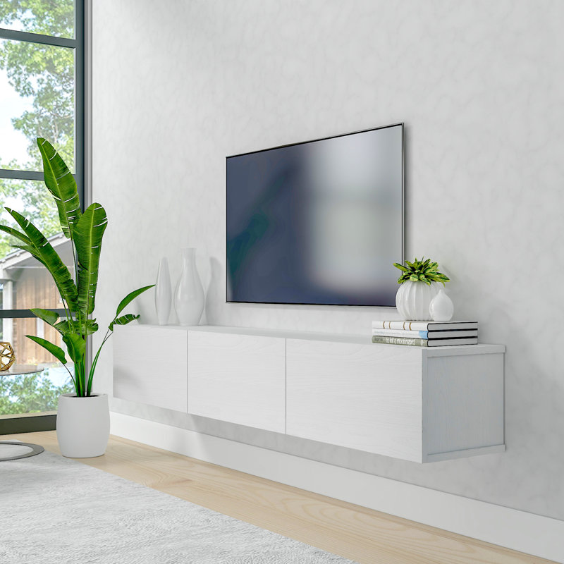 Meuble télé mural avec rangement de 71 po pour téléviseur de 80 po ou moins Hamman, Chêne blanc mat