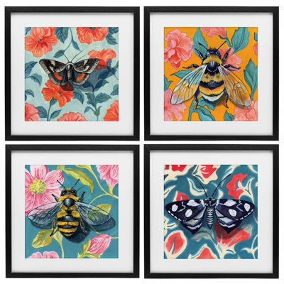 Insects on Flower Patterns 4pc Framed Print Under Glass Set, design by Kate Jarvik Birch